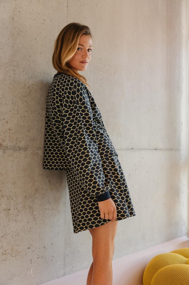 Sweat En Maille Coton Imprimé Bee Bleu Marine Alvéole Jaune