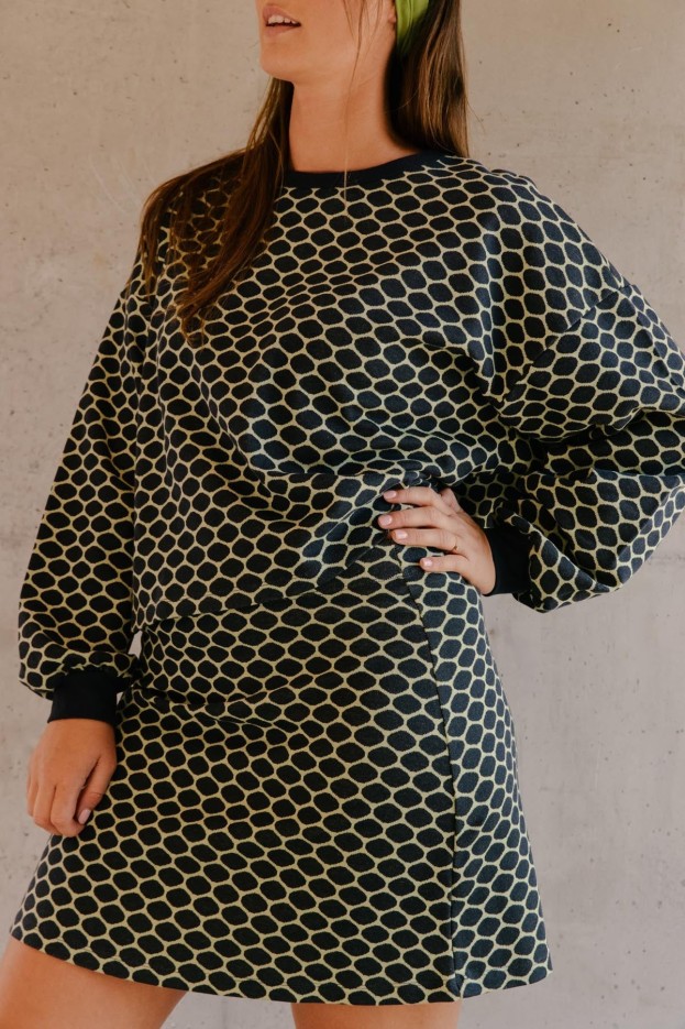 Sweat En Maille Coton Imprimé Bee Bleu Marine Alvéole Jaune