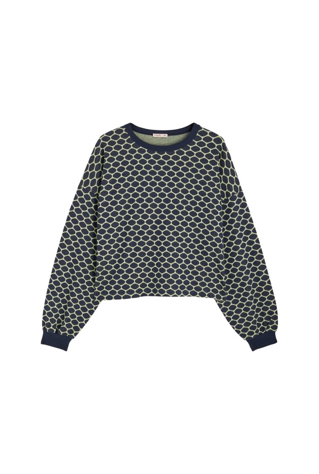 Sweat En Maille Coton Imprimé Bee Bleu Marine Alvéole Jaune