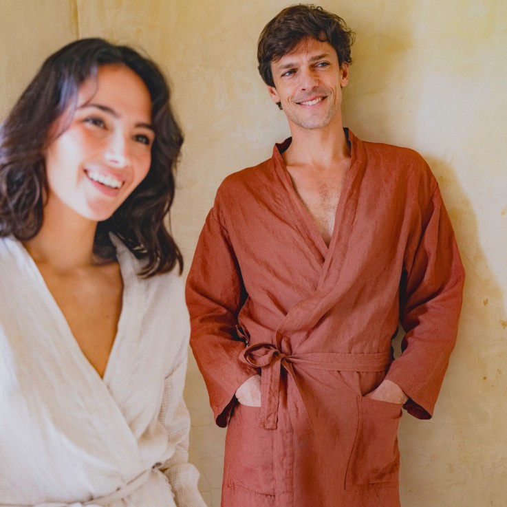 Peignoir col kimono en lin lavé