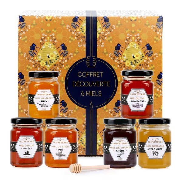 Assortiment de 6 miels du monde et 1 cuillère à miel - Le coffret cadeau