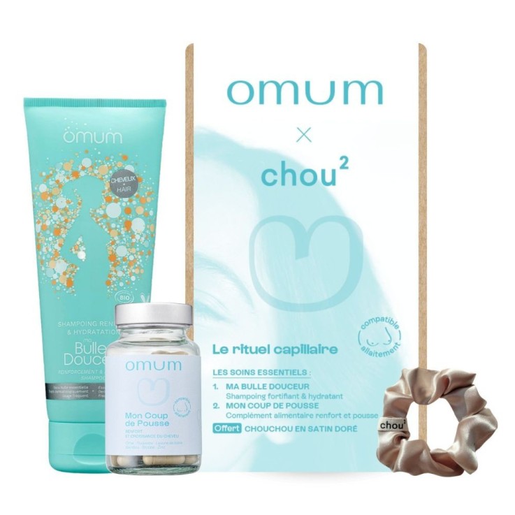 Coffret Cadeau Cheveux Omum & Chou² : 1 Chouchou satin offert + 1 Shampoing Douceur + 1 Complément Pousse