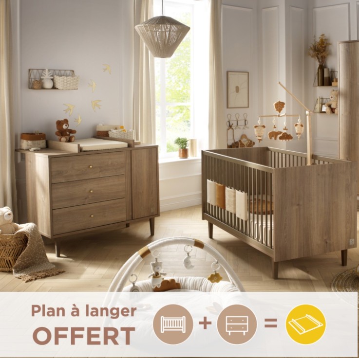 Chambre bébé Mokka : Lit évolutif et Commode à langer en bois