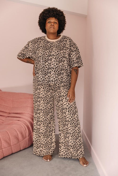 Pyjama Long Coton Léopard Beige