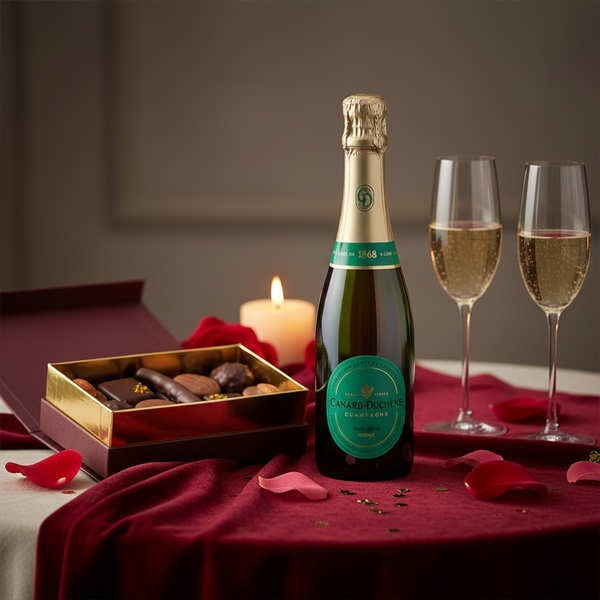 Assortiment de chocolats et Champagne Canard Duchêne en demi-bouteille