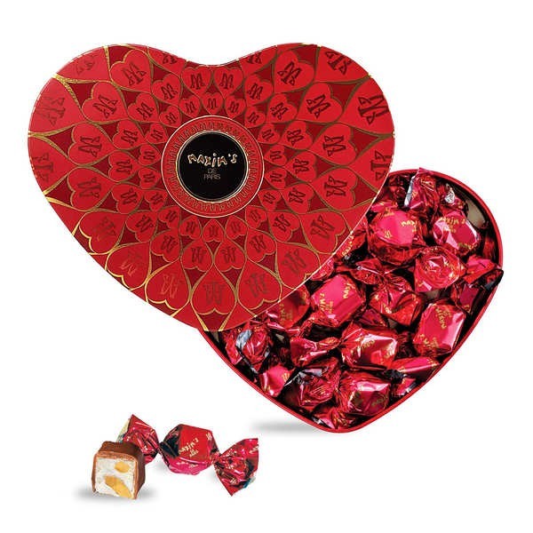 Cœur garni de chocolats au lait et nougat - Boîte métal de 90g